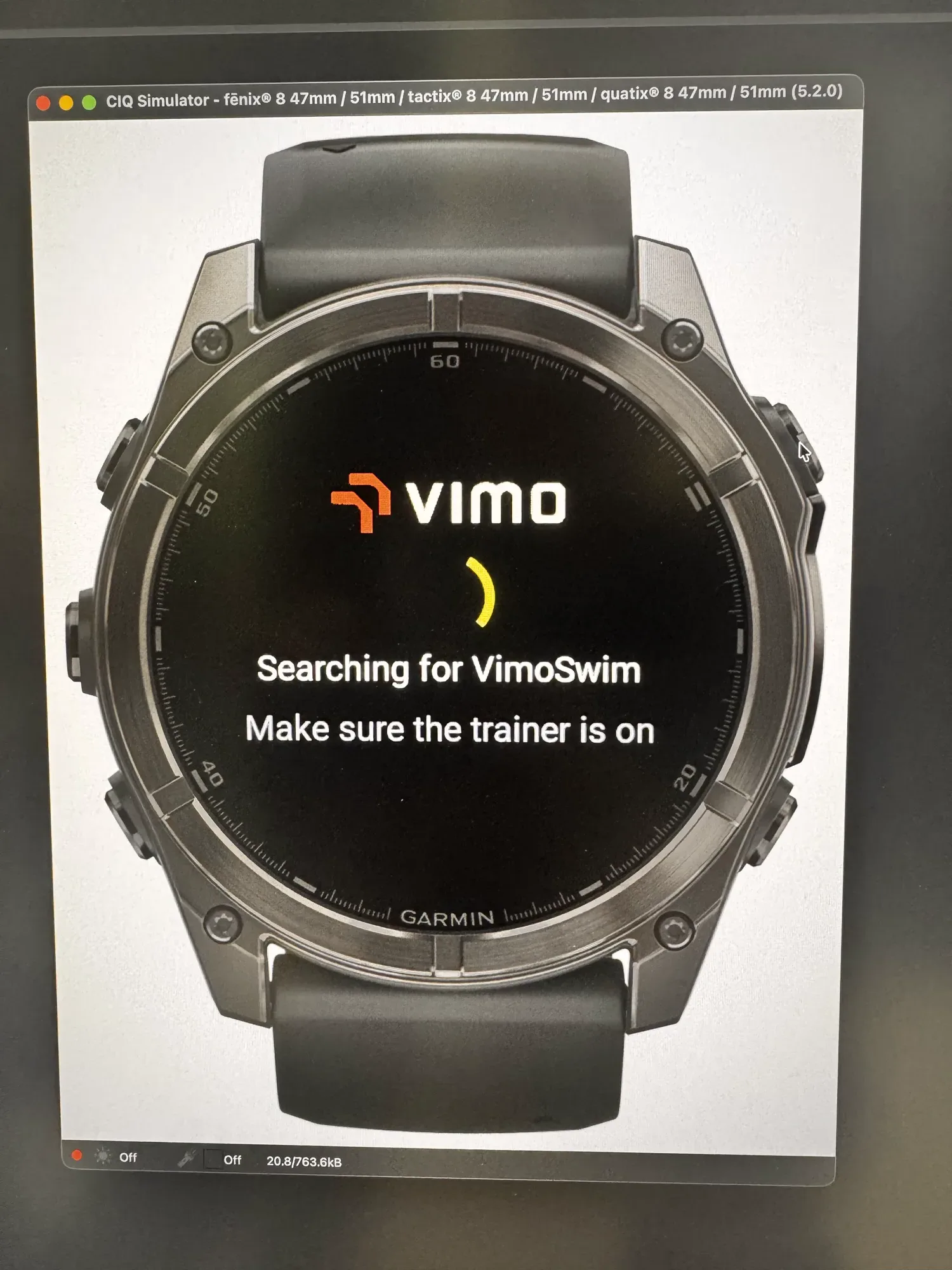 The VimoSwim data field in the Garmin simulator, searching for the trainer