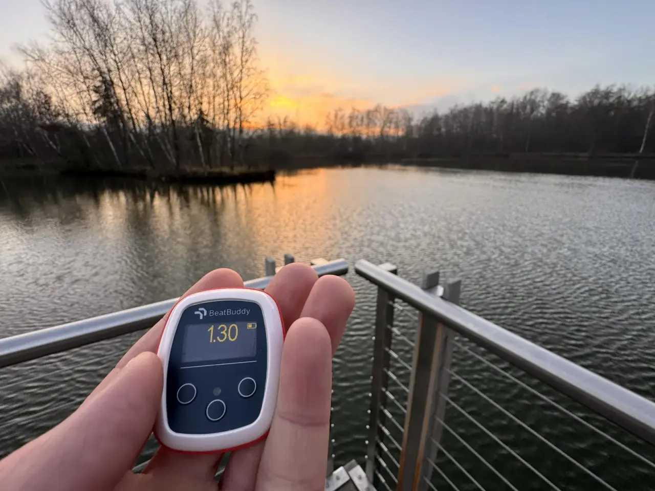 Hand holding a Vimo device by a lake at sunset